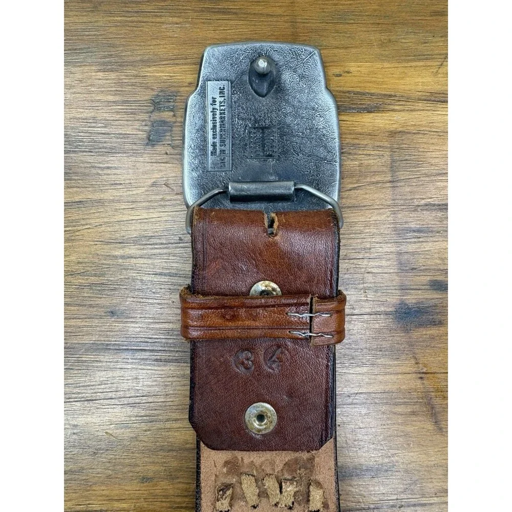 Vintage Big M Supermarkets Advertising Belt Buckle Size 34 Tooled Leather Belt
